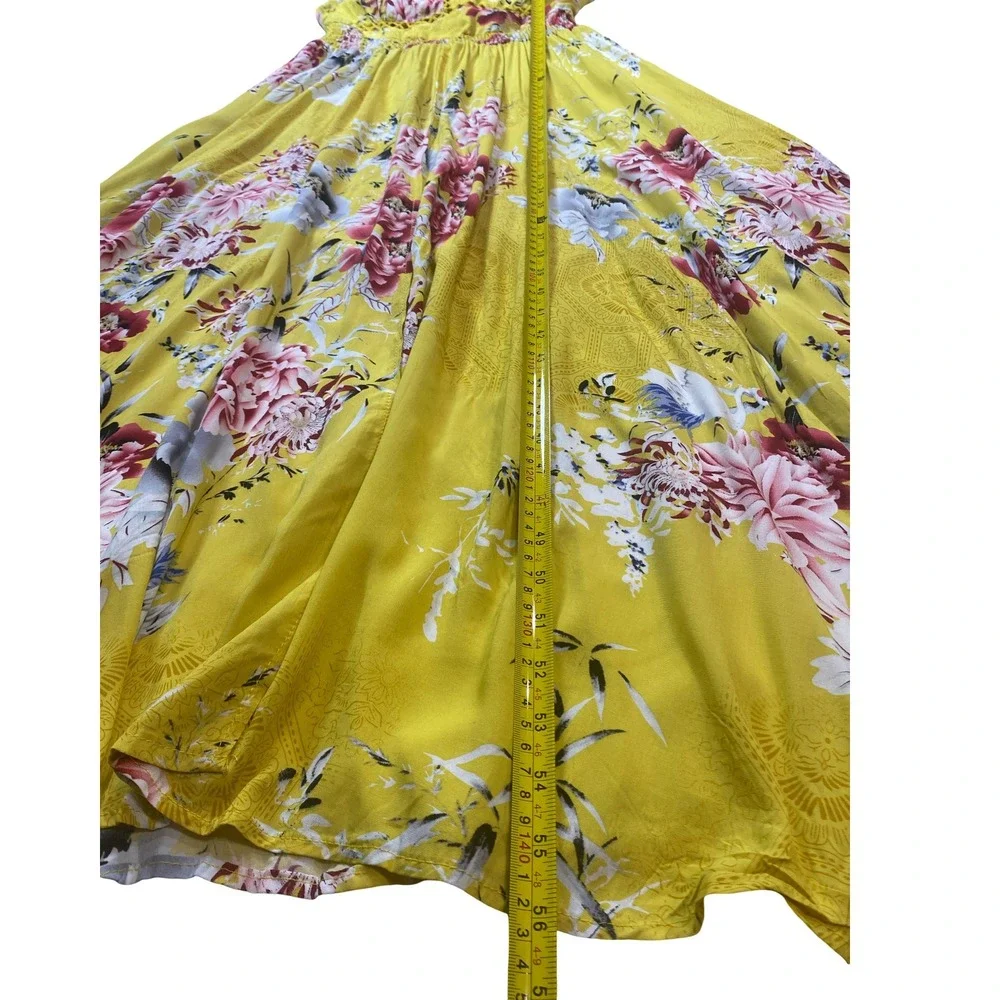 Jaase Yellow Floral Halter‎ Maxi Dress XL Crochet Smocked Vacay Tropical Boho